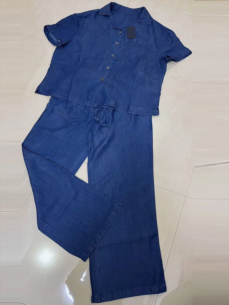 Camisa elegante de manga corta con solapa y bolsillo para mujer, traje de dos piezas + Pantalones rectos con cintura elástica, traje de moda, primavera 2025