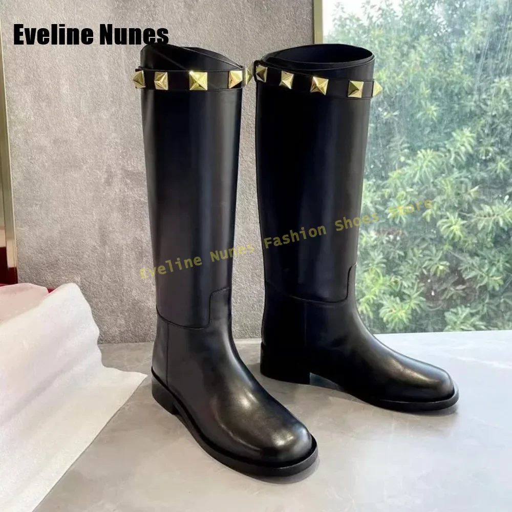 

Round Toe Chunky Heels Pull On Solid Patchwork Mid Calf Boots Golden Rivet Studded Knee High Boots Street Style 2025 Autumn New