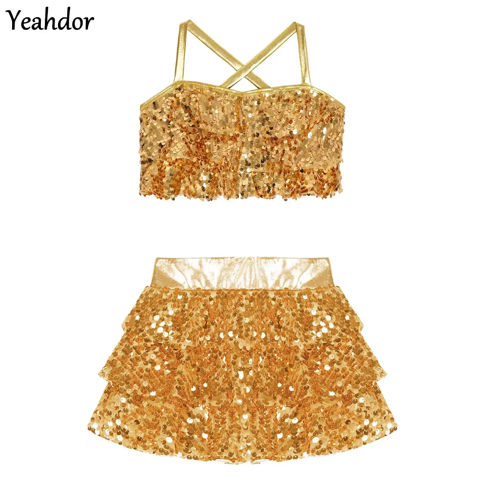 

Teen Girls Jazz Dance Outfit Glitter Sequin Metallic Crop Top with Tiered Culottes Skirted Shorts Cheerleading Dance Costume Set