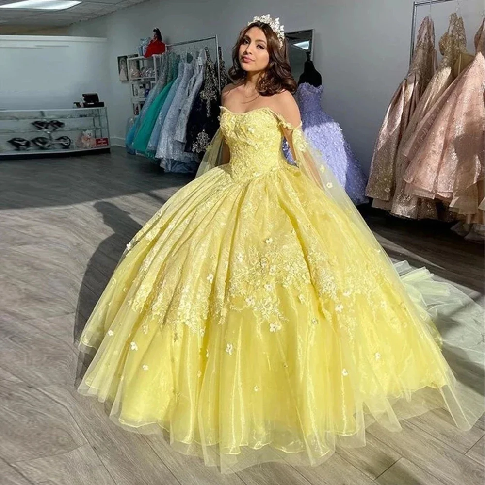 

Romantic Off-Shoulder Ball Gown Quinceanera Dresses Vestidos De 15 Anos 3D Flower Tulle Sweet 16 Birthday Princess Party Gown