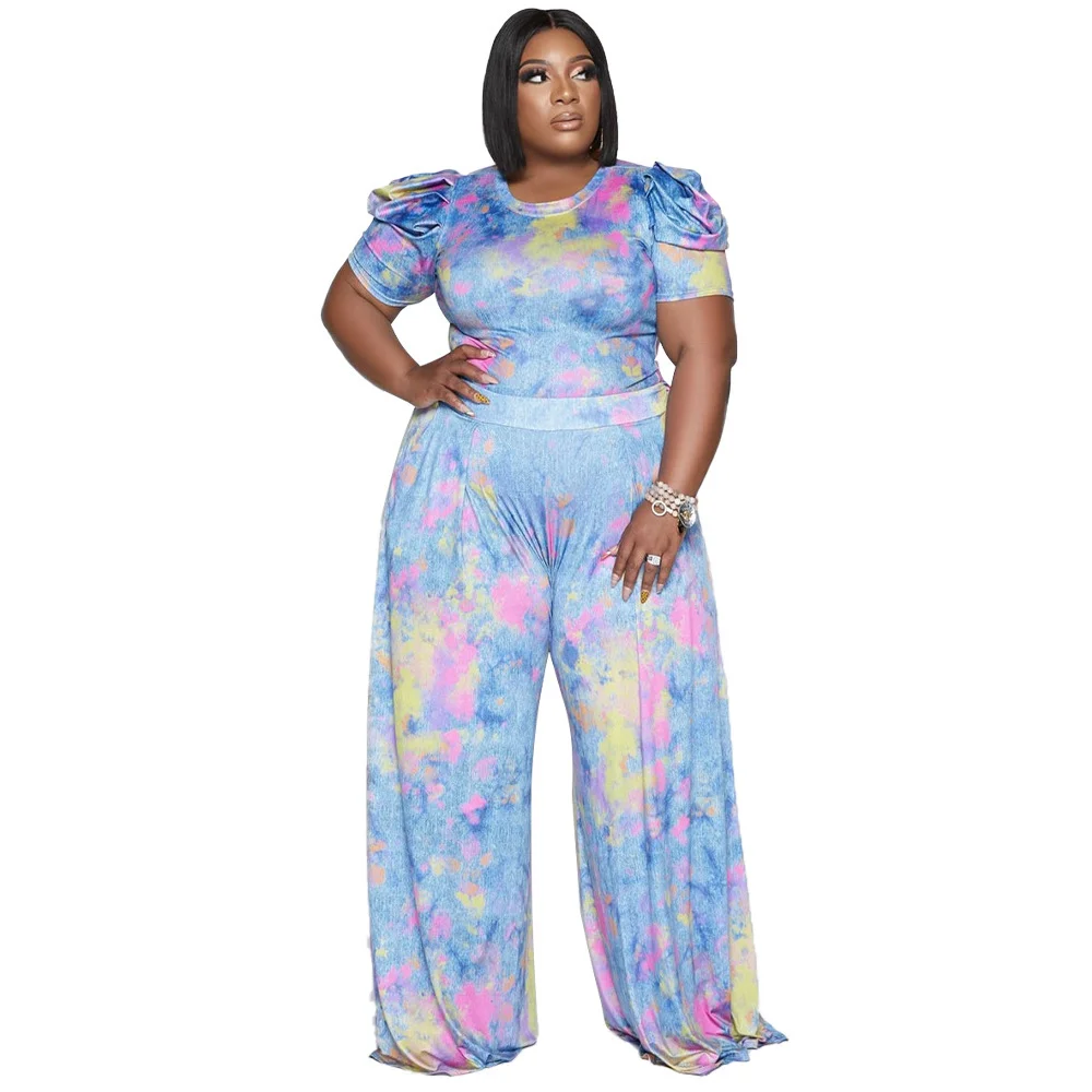 Plus Size Sets L-4XL Casual Tie Dye Printed Two Piece Set Summer Puff Sleeve Top Wide Leg Pants 2 Piece Steetwear Clothings 2023