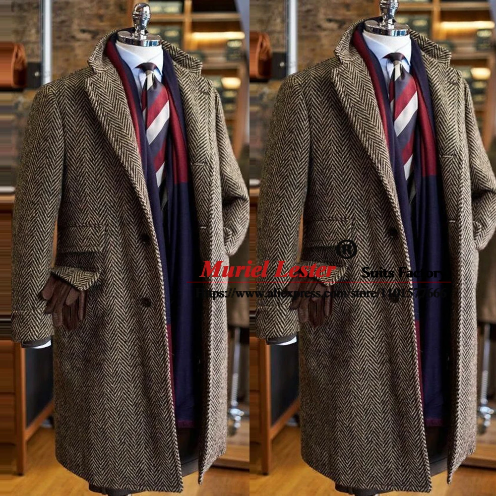 Customized Winter Men Trench Coat Long Brown Herringbone Wool Blend Single Breasted Suit Jackets Groomsan Overcoat Man Blazer