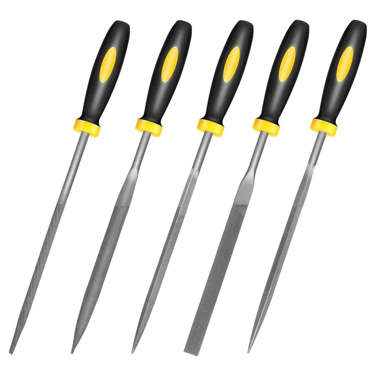 Small Hand Metal File Set, 6.3In, 5Pcs, Strength Alloy Steel Needle Files Round, Bi Half-Round, Flat, Square, Triangular