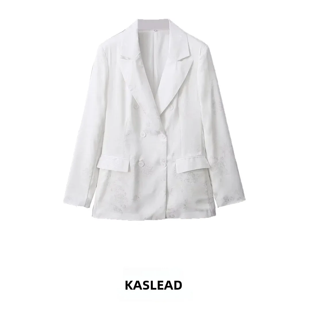 KASLEAD New Fashionable Embroidered Fabric Texture Suiting Women's Short Coat Long Sleeve Double Breasted Polyester Fiber