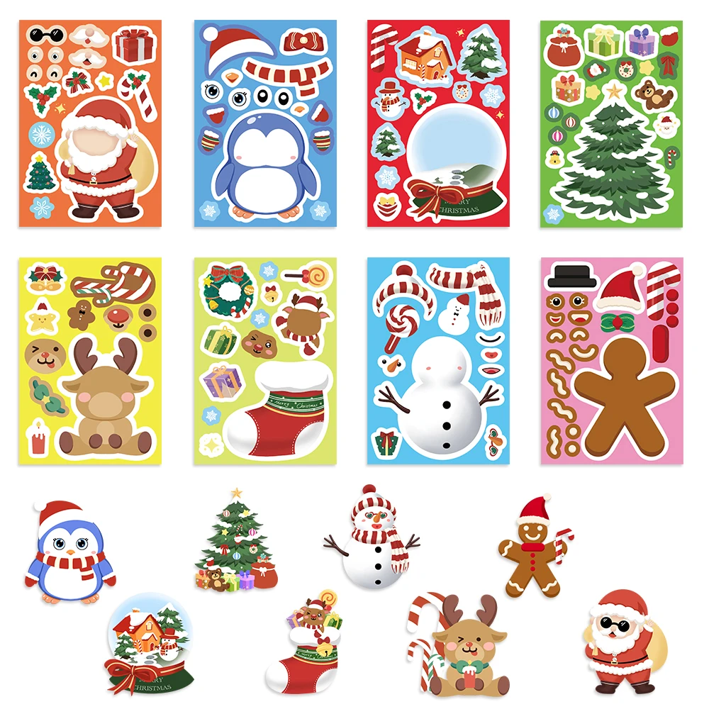 8/16/24pcs Christmas Puzzle Stickers Make A Face Santa Claus DIY Waterproof Kids Jigsaw Games Sticker Children Party Decor Toy