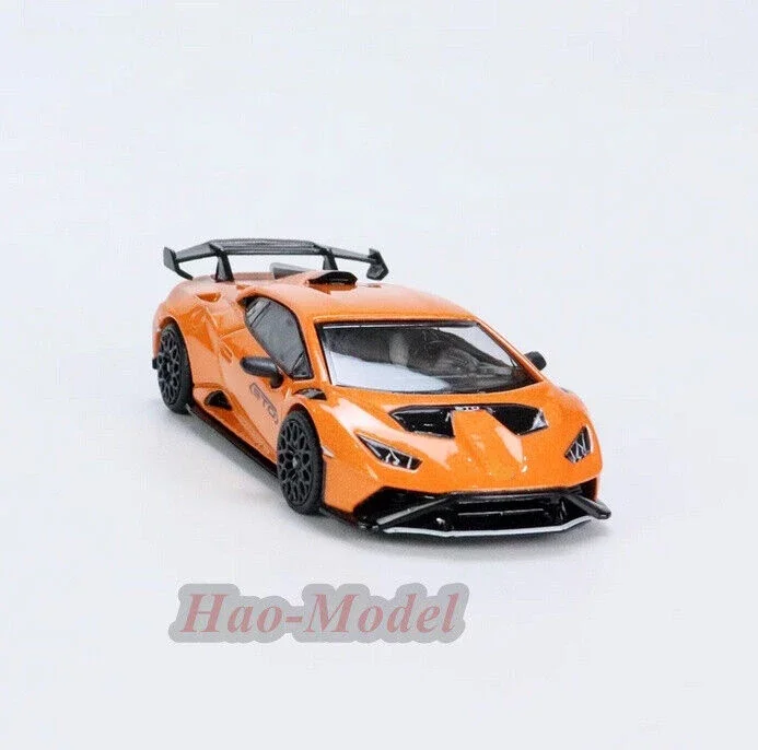 TSM MINIGT 1/64 Mobil Model Alloy Lamborghini huracan STO, mainan simulasi Diecast hadiah ulang tahun, koleksi tampilan hobi warna oranye