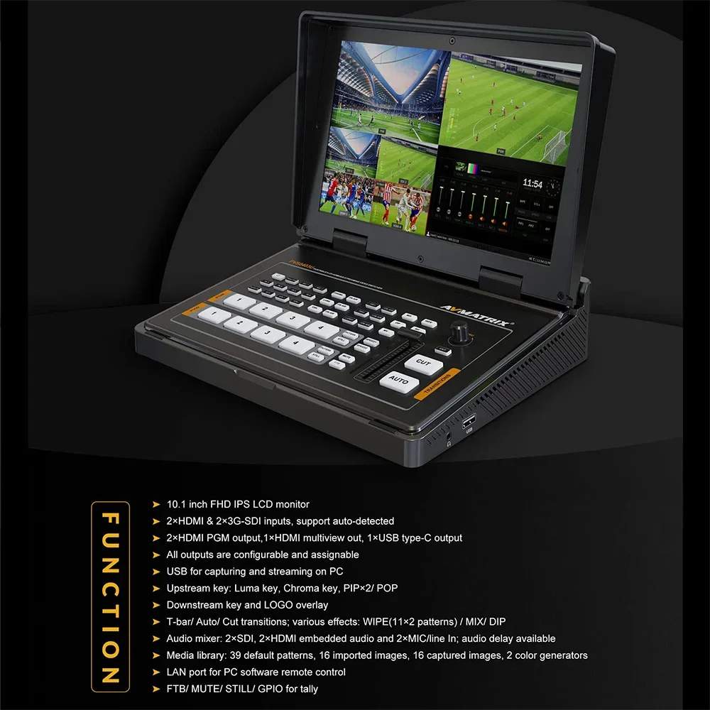 AVMATRIX PVS0403U Multi-Format Video Iive Streaming Switcher 2xSDI 2xHDMI Inputs 10.1 inch Screen for Real Time Production