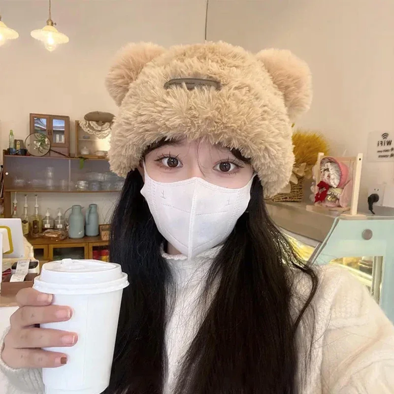 Hairy cute bear hat warm thickened autumn and winter hat women's plush knitted wool hats