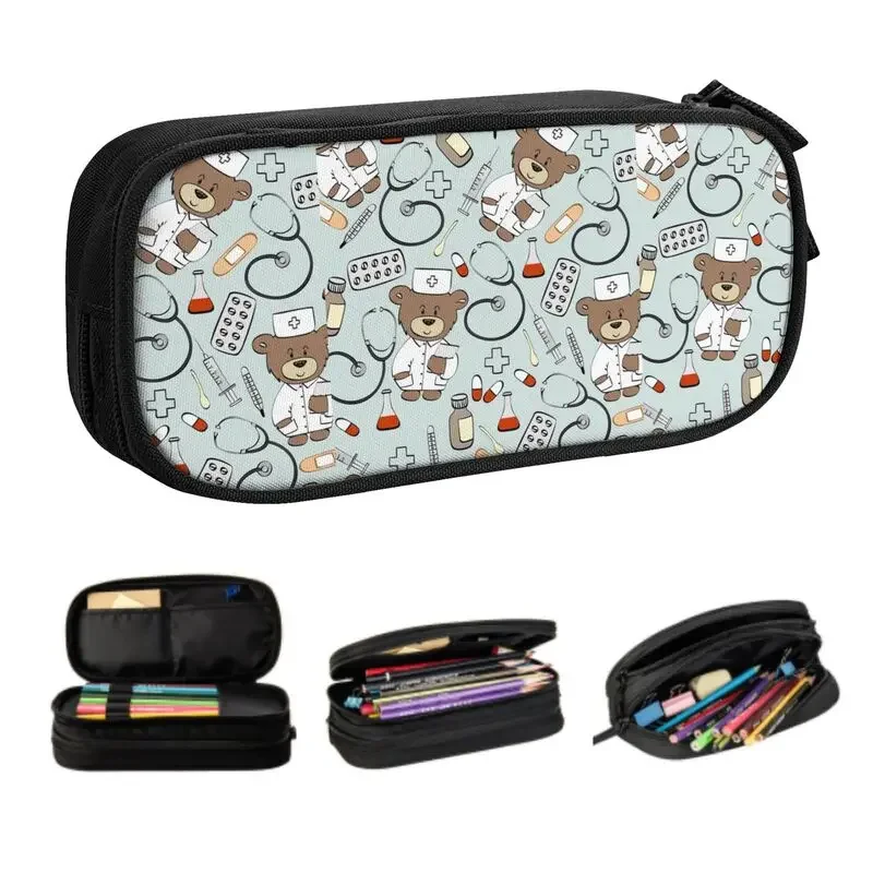 

Custom Nurse Pattern With Bear Pencil Case for Girl Boy Large Storage Health Care Nursing Pen Box Bag School Supplies