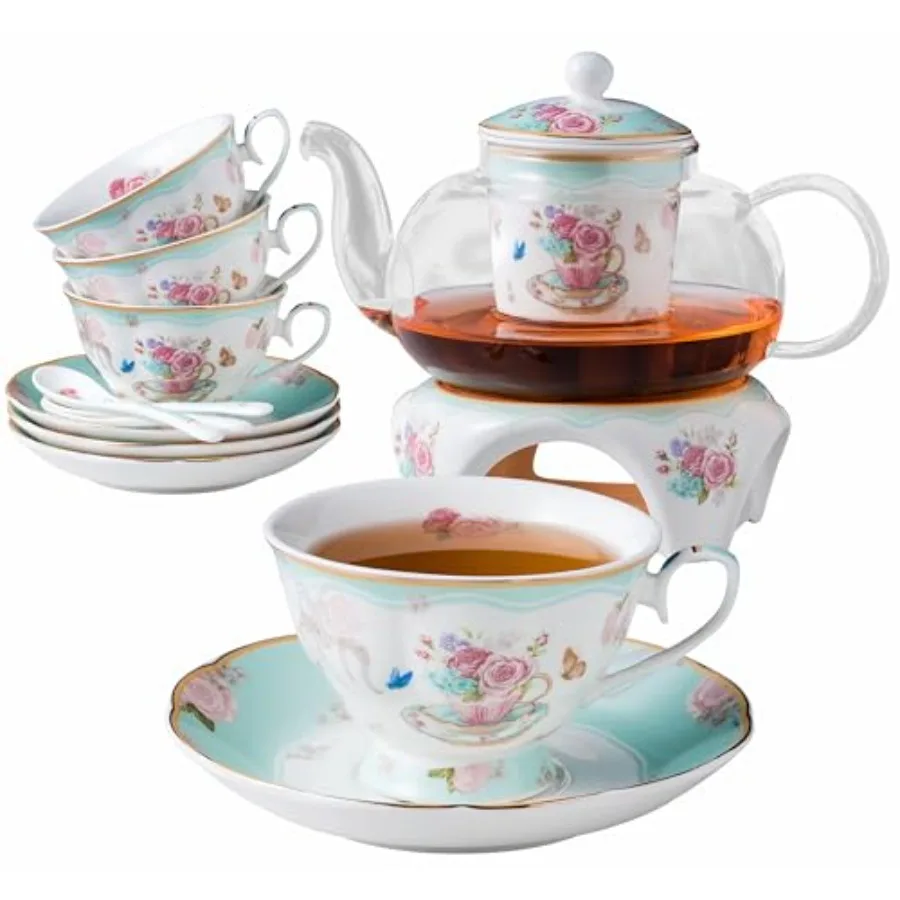 

Jusalpha- Vintage light blue floral fine china tea sets-coffee cup-teacup saucer spoon set with teapot warmer and filter Serve
