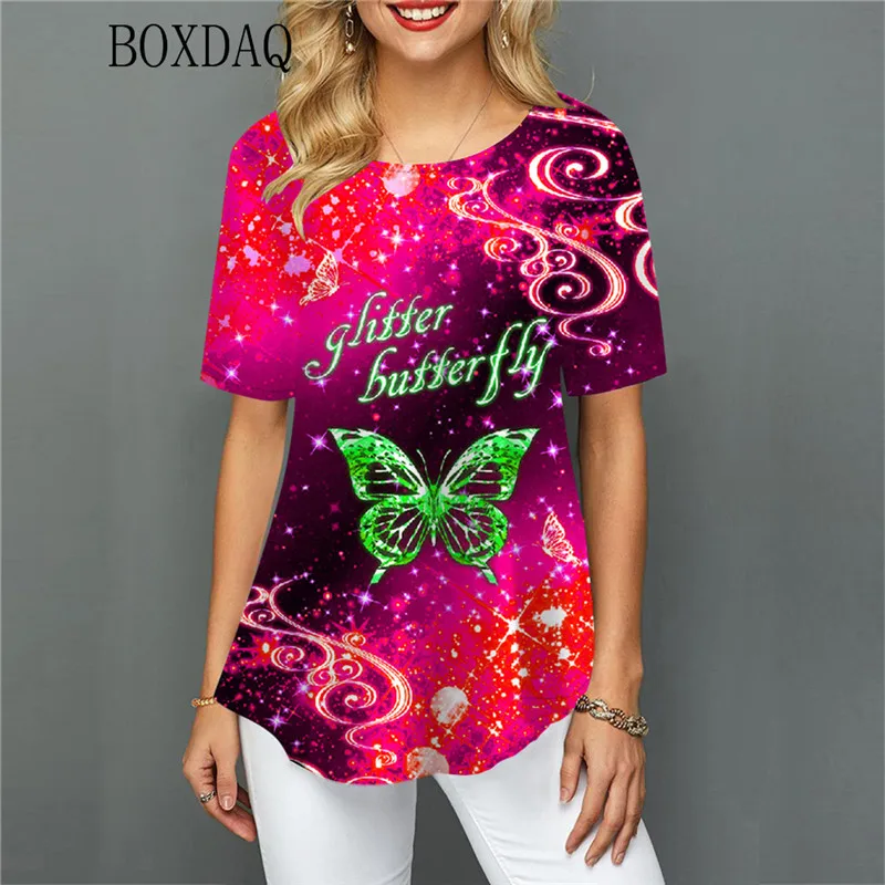 

Fashion Women Butterfly Graphic T-Shirts Summer Short Sleeve Gradient 3d Print Street Trend Ladies Tees 3XL Big Size Casual Tops