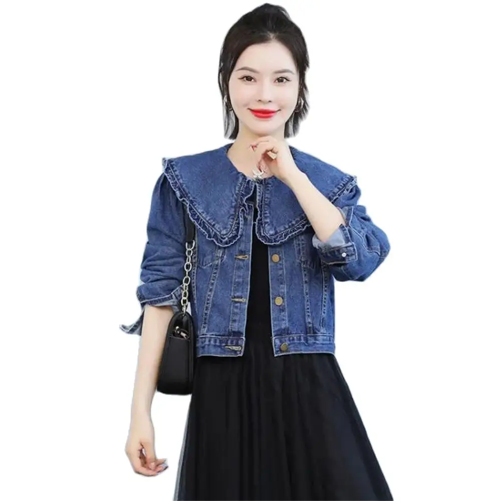 Vintage Crop Denim Jacket Women Sweet Korean Coat Peter Pan Collar Button Jeans Tops Female Casual Long Sleeves Loose Outwear