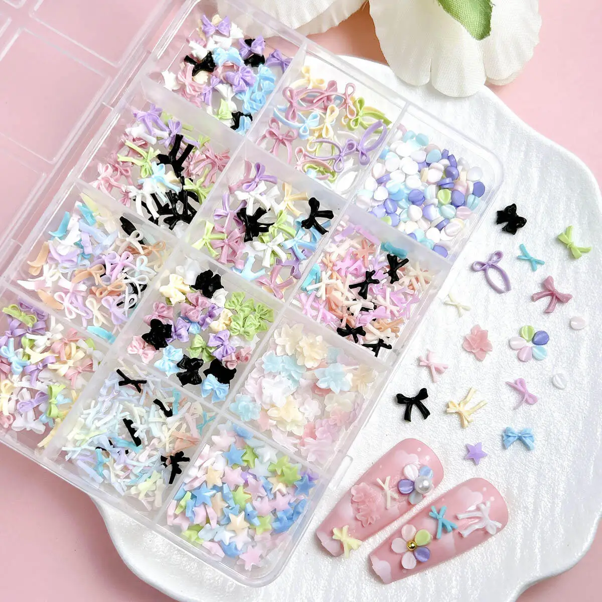 12 شبكة/صندوق الدوبامين اللون شريط راتينج صغير القوس مسمار الفن الديكور الكرتون بتلات ستار مسمار السحر مانيكير DIY بها بنفسك اكسسوارات