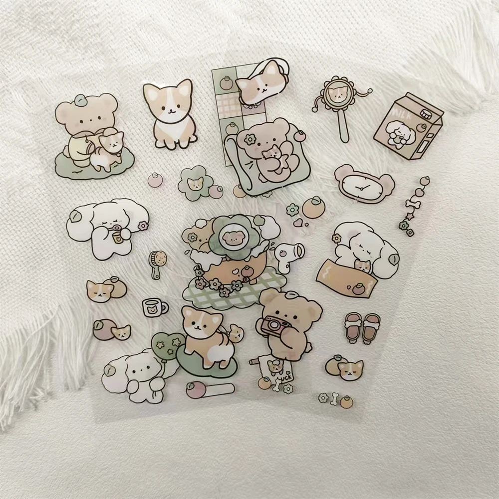 2Sheets Cute Countryside Bear and Dog Stickers Cartoon Animals Transparent Decal For Laptop Water Cup Fridge Phone PET Stickers