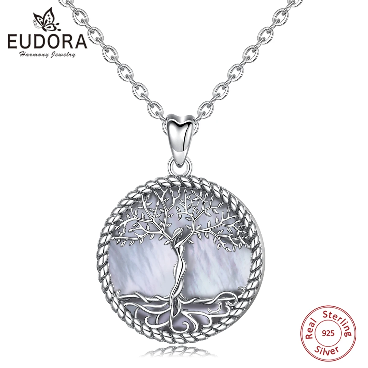 EUDORA 925 Sterling Silver Tree of Life Pendant Tree Leaf & Goddess Mother of Pearl Necklace Vintage Jewelry with Box D475MB