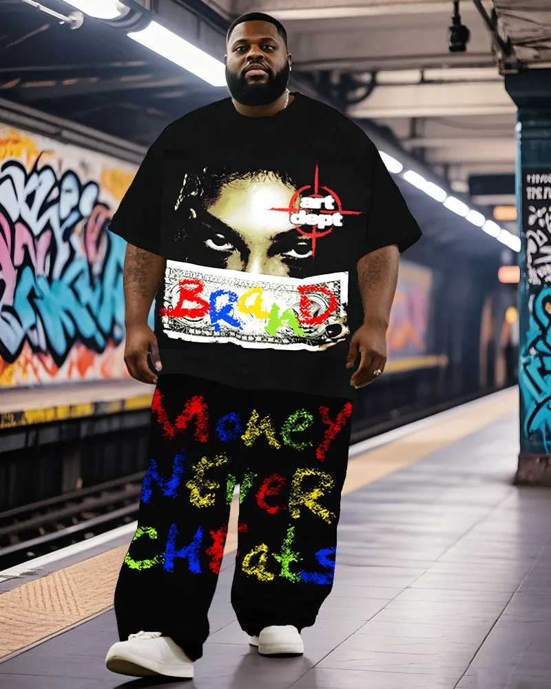 

S-9XL Men's Plus Size Streetrush Hip Hop Short Sleeve T-Shirt and Pants Two-Piece Set
