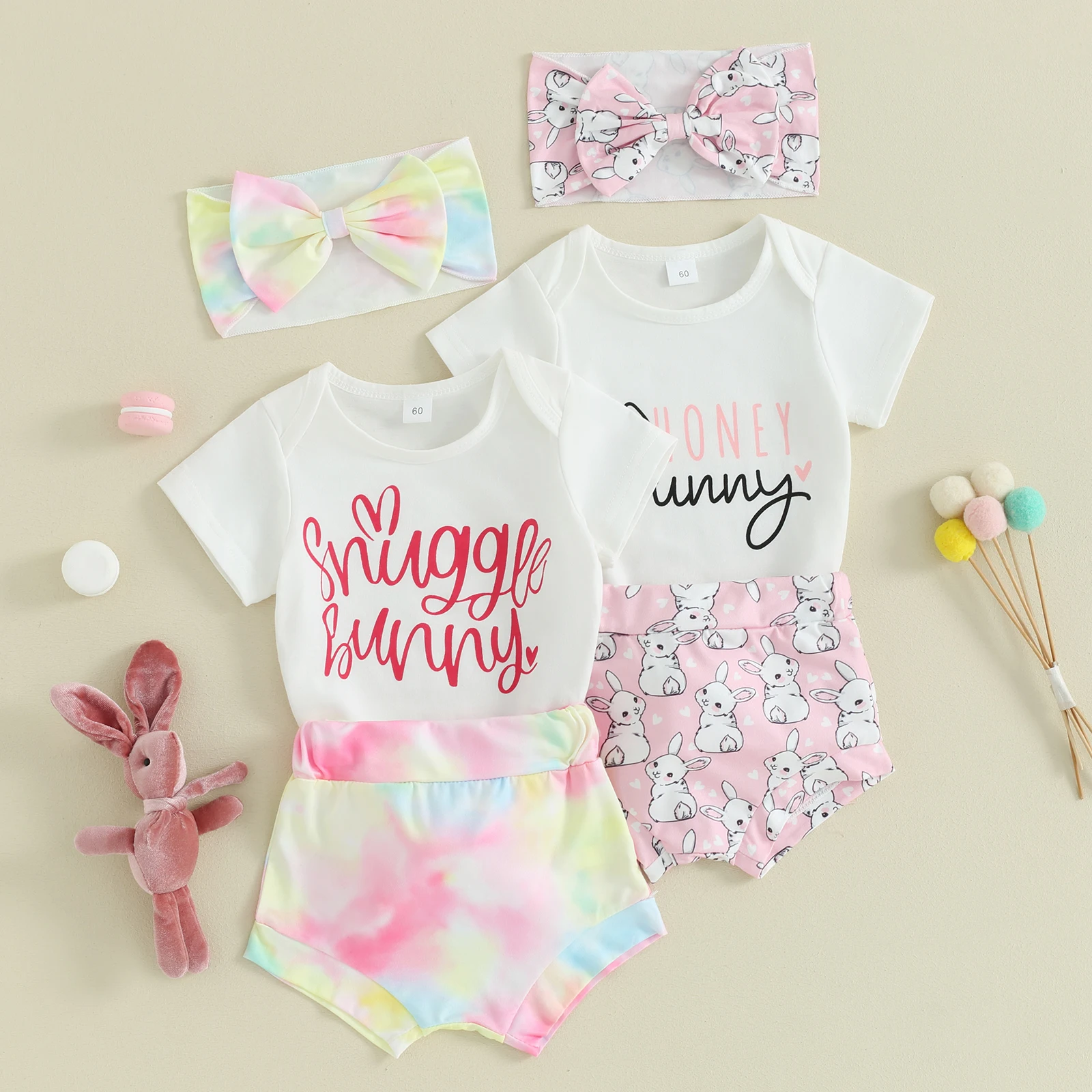 

Baby Girl Easter Day Outfit Short Sleeve Romper Elastic Waist Rabbit Print Shorts Headband 3 Piece Infant Toddler Costume Set