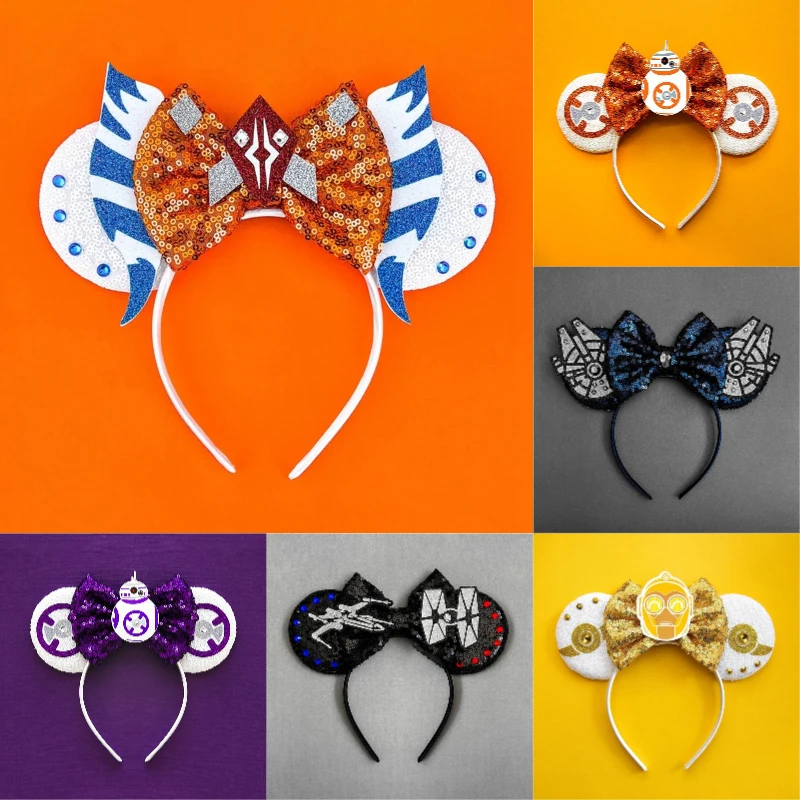 

Disney Star Wars Ears Headband Women C-3PO Master Yoda Headwear Girl Darth Vader R2-D2 Hairband Sequins Bow Hair Accessories Kid