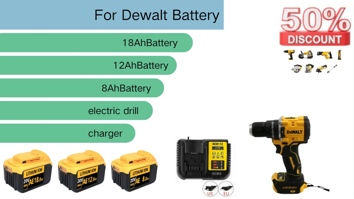 Zestaw akumulatorów do akumulatorów litowo-jonowych Dewalt 20V o pojemności od 8Ah do 18Ah i 18Ah