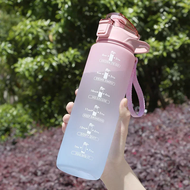 1 Liter Water Bottle with Straw Female Girls Large Portable Travel Bottles Sports Fitness Cup Summer Cold Water with Time Scale