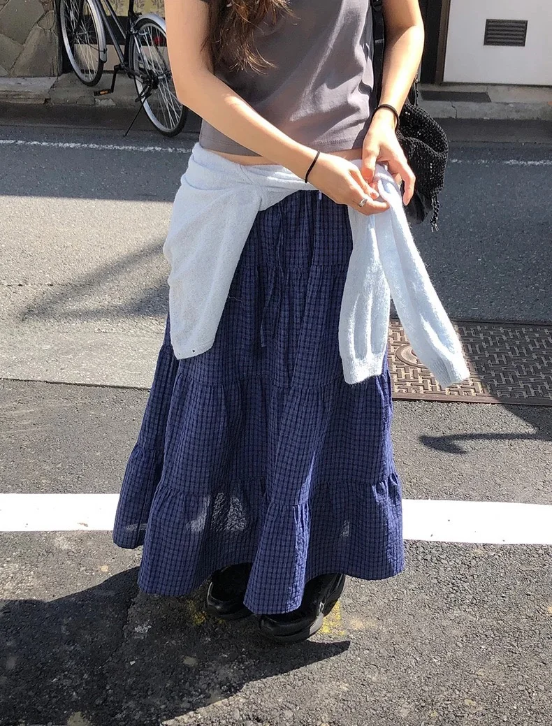 

Retro Aosphere Plaid Cake Skirt Layers Long Skirt Sweet Fre f-length Skirt A-line Loose High Waist Polyester Spring 2025