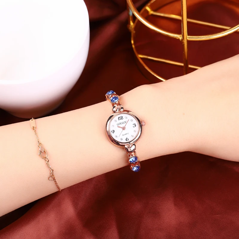 Cross border hot selling fine steel strip alloy bracelet watch glass colored diamond gold small dial inlaid with diamond digital