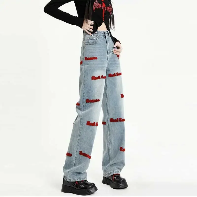 Embroidered Straight Jeans Women's Spring American Style Retro Denim Trousers Harajuku Baggy Wide-leg Pants Streetwear Y2K