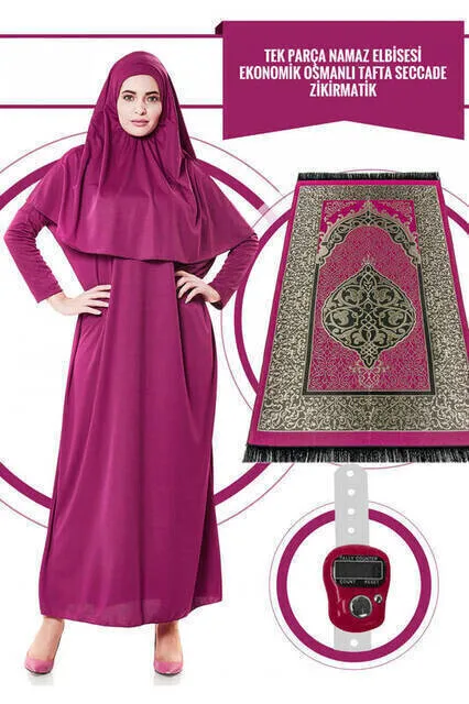 IQRAH One-Piece Prayer Gown-Fuchsia-5015 and Prayer Rug and Zikirmatik-Triple Suit