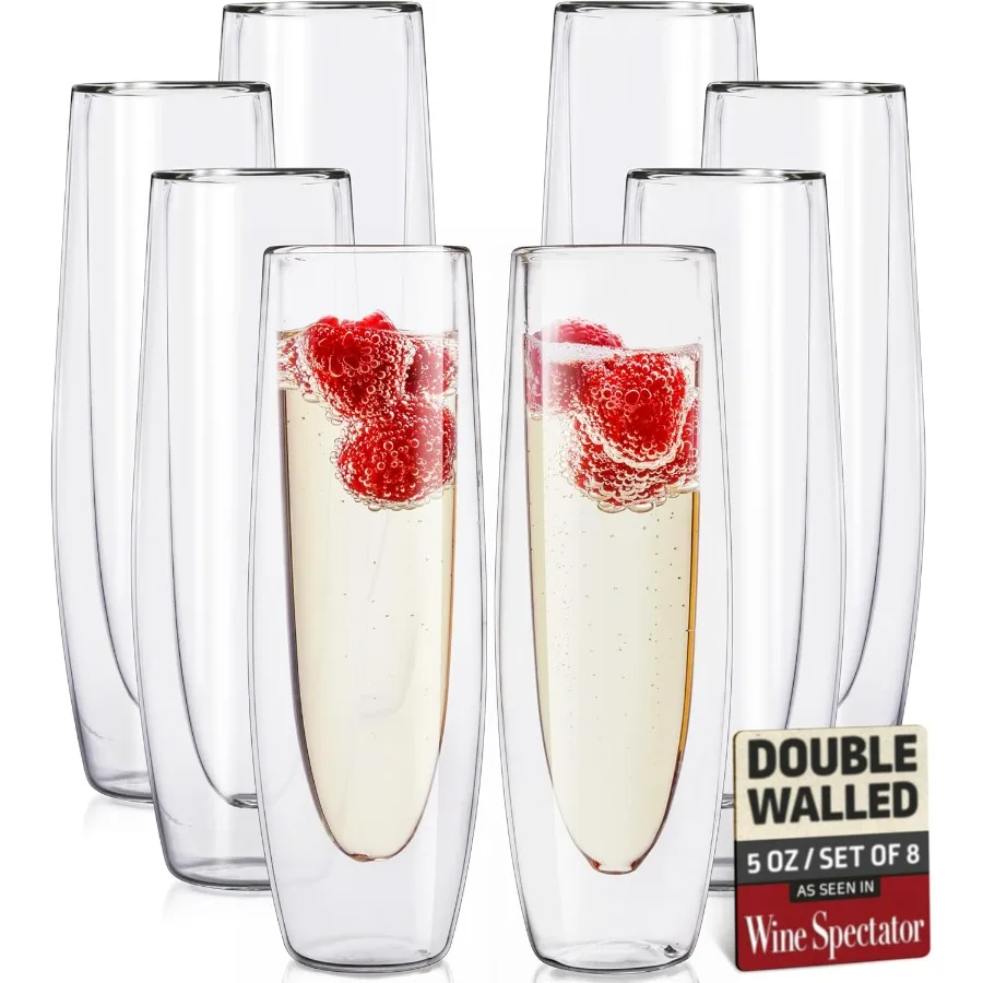 

Стеклянные флейты для шампанского без ножек — набор из 8-х современных бокалов для флейты с двойными стенками для шампанского, момоза и просекко — элегантные