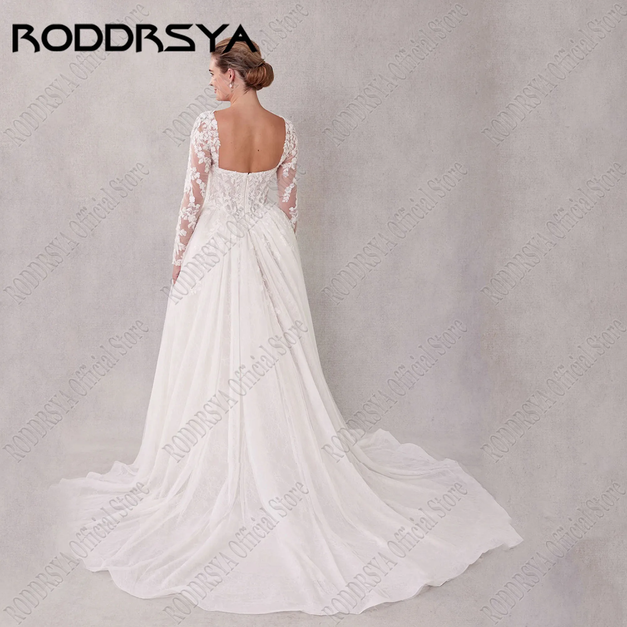 RODDRSYA-vestidos de novia de tul Vintage, manga larga, cuello cuadrado, línea A, apliques de encaje, vestidos de novia personalizadosVestido de novia retro roddrsya vestido de novia de manga larga cuello cuadrado en f