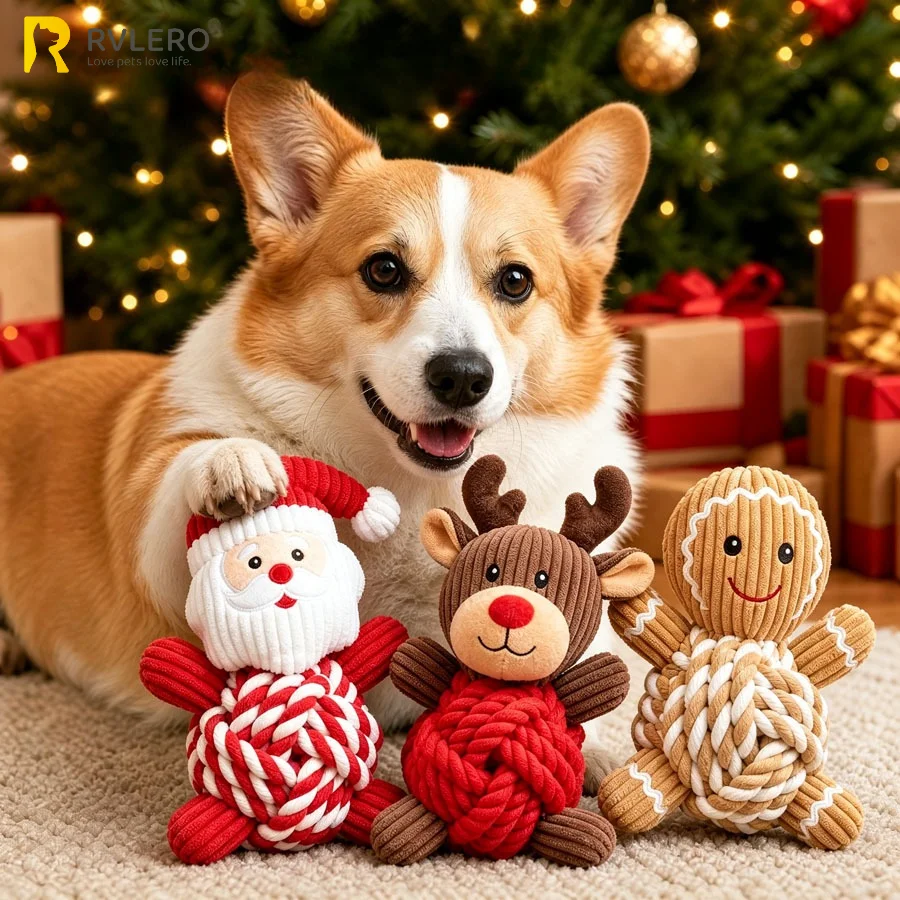Weihnachtliches Welpen-Kauspielzeug, Baumwollseilball, Plüsch-Quietschspielzeug für Hunde, zur Linderung von Zahnfleischschmerzen und zur Bekämpfung von Langeweile, langlebiges Haustiergeschenk,