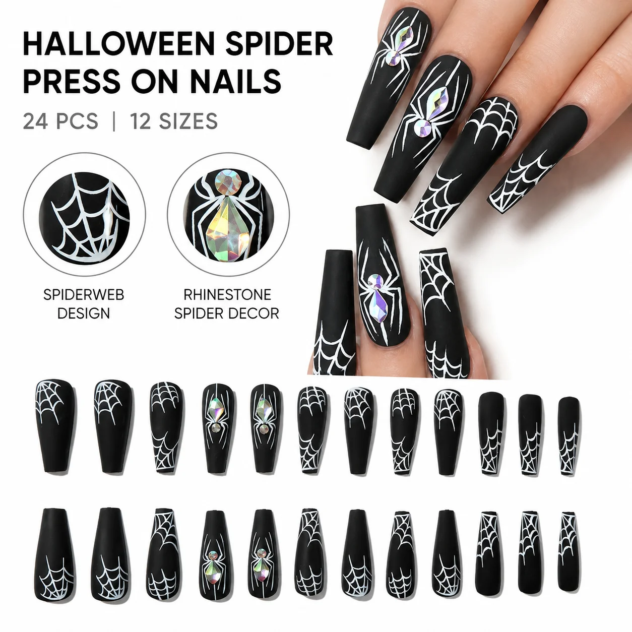 24pcs Thriller Style False Nails With Halloween Spider Bugs Pattern Wearable Press On Nails Ballet Black Punk Nail Art Decoratio