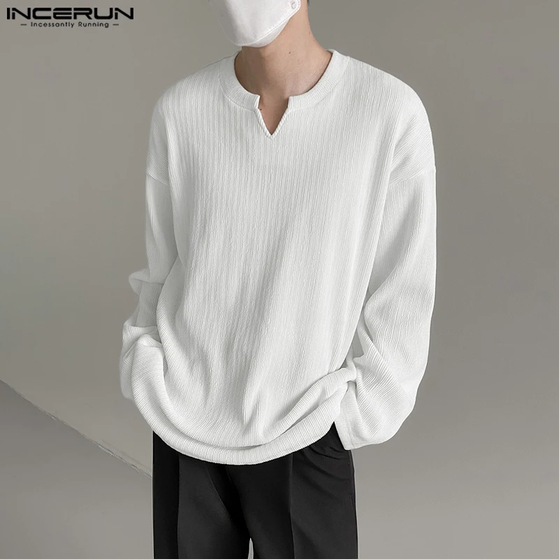INCERUN الرجال تي شيرت بلون الخامس الرقبة طويلة الأكمام ربيع الخريف الذكور المحملة القمم الشارع الشهير فضفاض الكورية نمط ملابس الرجال غير رسمية