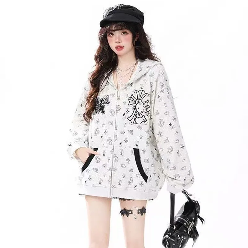 New Cartoon Hello Kitty Sweet Edgy Cross Stitch Hoodie for Men Women Zipper Casual Oversized Cardigan Sweatshirt Adorable Gift