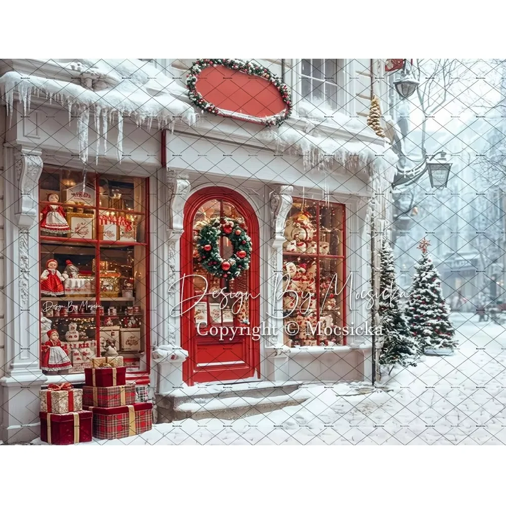 Mocsicka Christmas Shop Corner Backdrop Photography Red Xmas Gift Shop Snowy Background Winter Kid Family Holiday Photo Studio