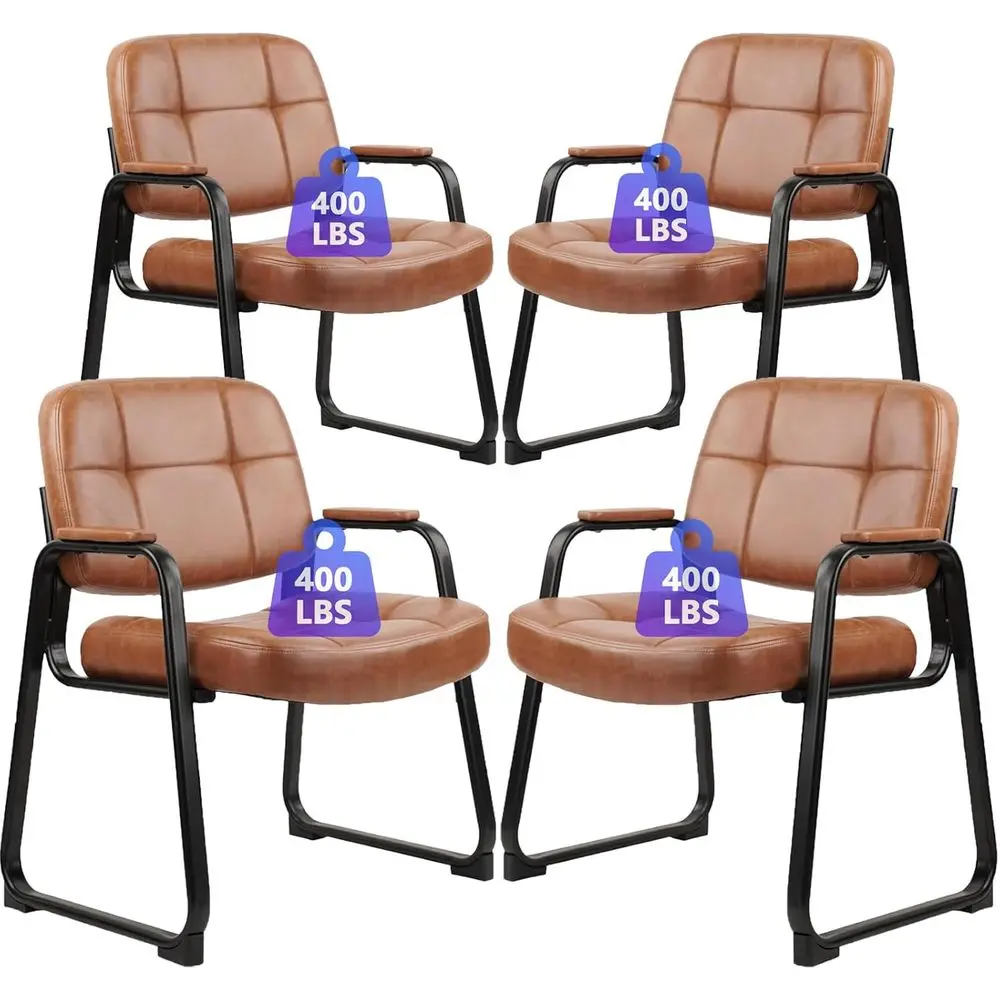 Paquete de 4 sillas de sala de espera acolchadas de polipiel marrón, grandes y altas, con base de trineo para recepción y conferencias de oficina