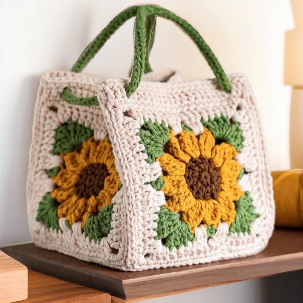 Autumn Sunflower Square Handbag Crochet Clutch Bag Hand-made DIY Wedding Candy Storage Bag