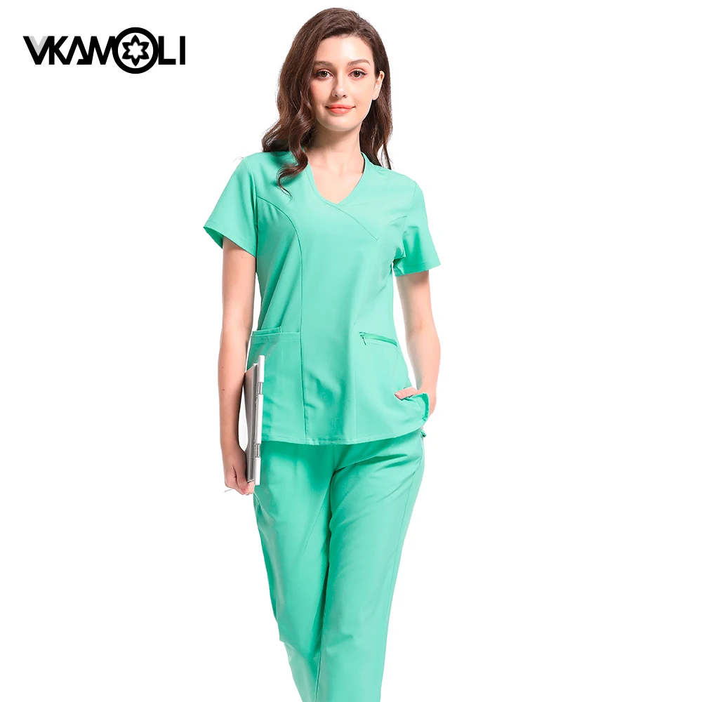 Tecido Elástico de Secagem Rápida das Mulheres Scrubs Top e Pant Set, Roupas Médicas, Uniformes Cirúrgicos Mulher, Salão de Beleza Roupas de Trabalho