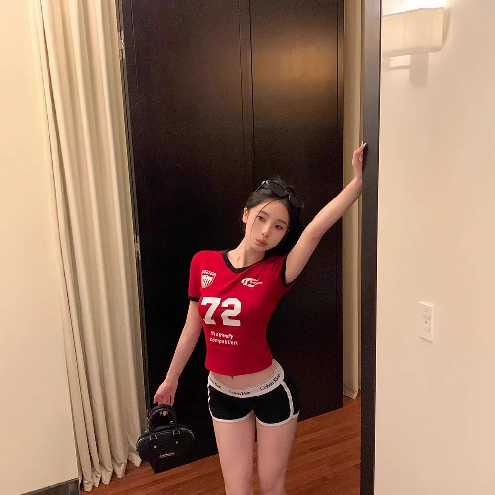 الرجعية الأمريكية إلكتروني طباعة كتلة اللون الخامس الرقبة قصيرة الأكمام تي شيرت المرأة الصيف مثير عالية الخصر نمط قصير جولة الرقبة أعلى #3