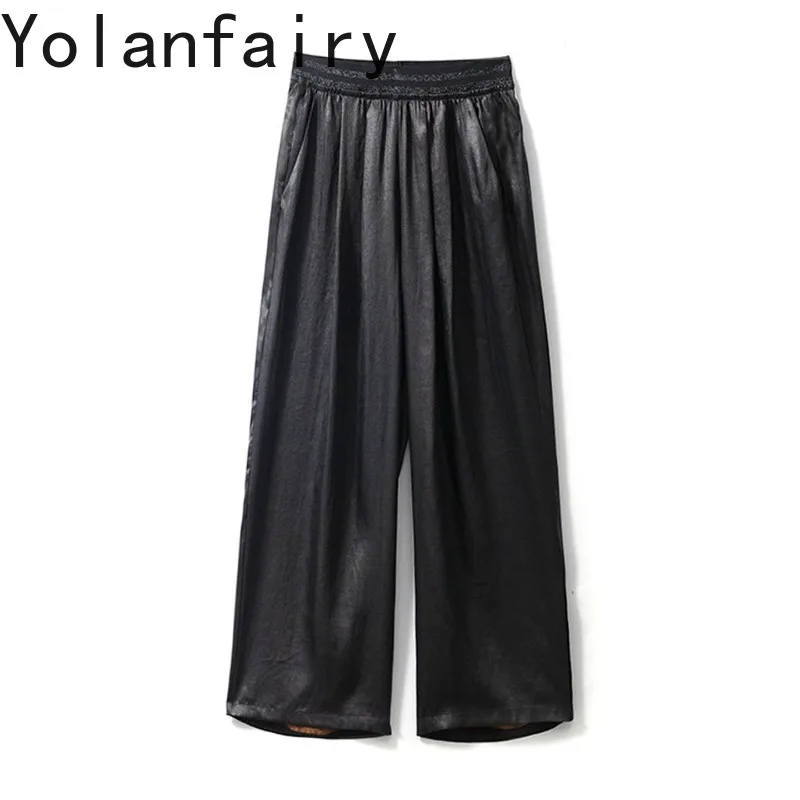 YOLANFAIRY 90% Real Mulberry Silk Pants Women's Clothing Elastic Waist Watered Gauze Satin Trousers Striaght Wide Leg Pants 2026