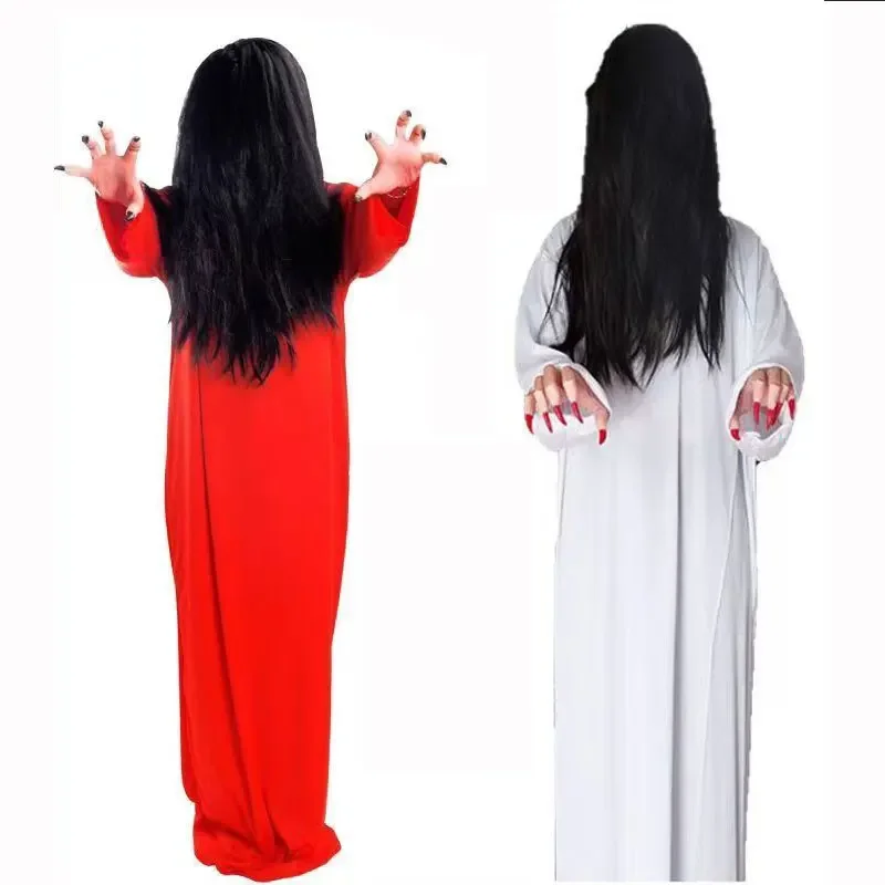 Weißes Kleid Geist Braut Kleid weiß Zombie Anzug beängstigend Anzug beängstigend Sadako Kostüm weiße Frauen Geist Halloween Kostüme