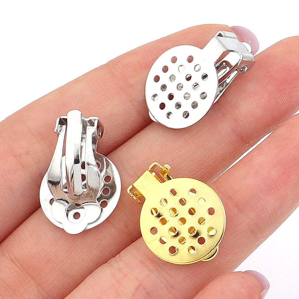 20 Stück/Lot 15 mm Froschförmige Ohrclips aus Eisen mit Gittermuster, Rohlinge für runde Cabochons, geeignet für die Schmuckherstellung, DIY-Zubehör