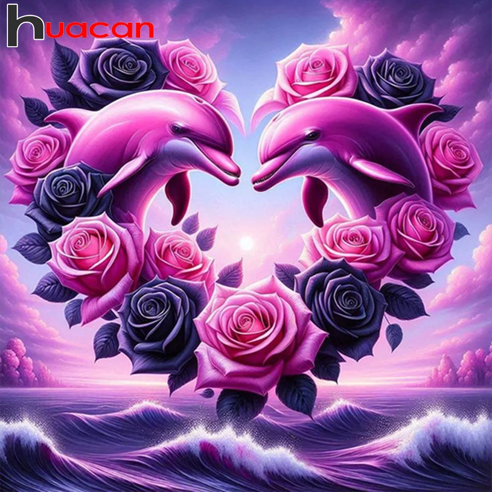 Huacan Diamond Painting Herz-Rosen-Motiv, Vollquadrat- und Rundstickerei, Delfin-Bild aus Strass, Bastelset im Angebot