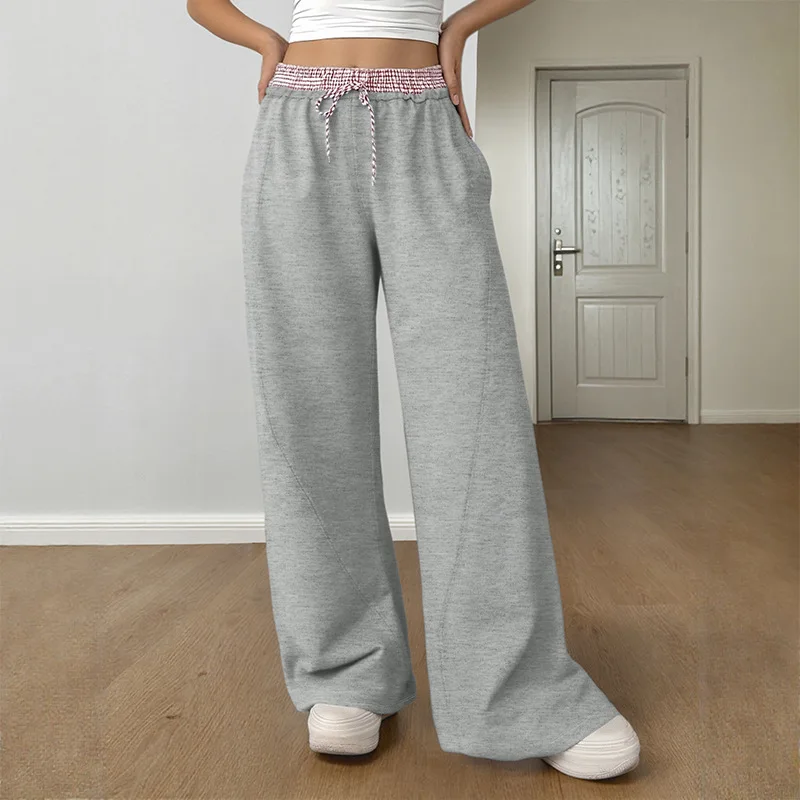 Women Casual Pants Patchwork Straight Trousers Full Lenth Mid Drawstring Waist Thin Loose Fit Elegant Office Lady 2025 Spring