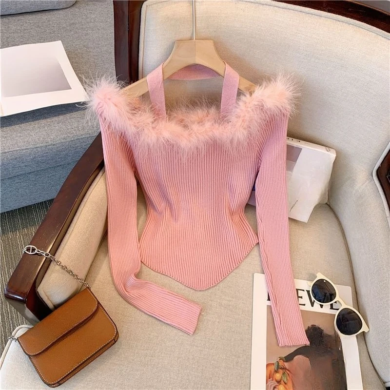 Women Sweaters Slash Neck Halter Autumn Winter Short Pullovers Sexy Korean Fashion Solid Vintage Slim Pull Femme