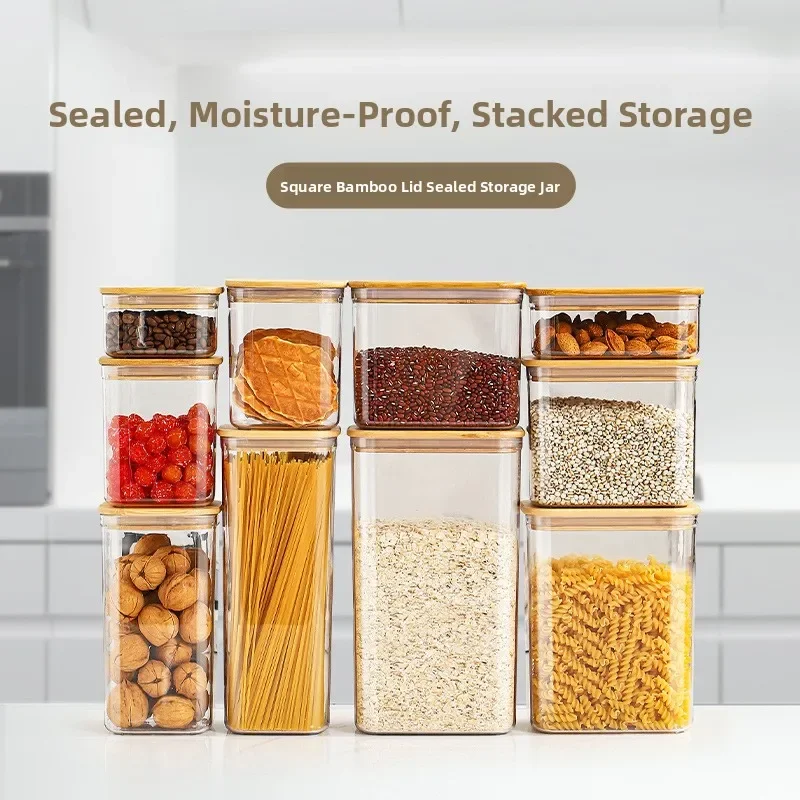 Large Capacity Square Plastic Transparent Storage Box for Home Grains Tea Kimchi Moisture Proof Food Can with Bamboo Lid