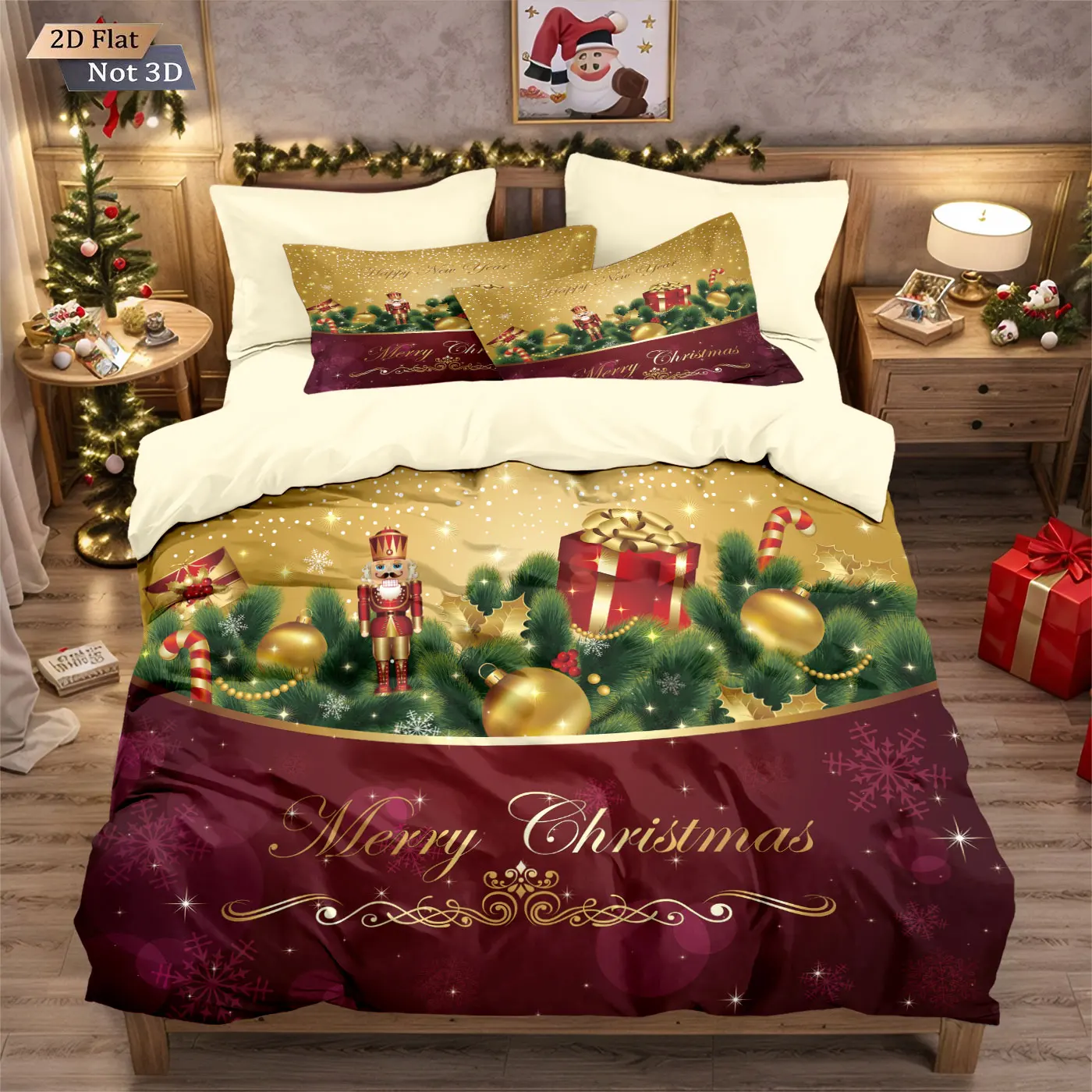 3-teiliges Weihnachtsgeschenk-Kranz-Set, bedruckt, kernfrei, weich und bequem, Schlafsaal, Schlafzimmer, mehrere Größen, maschinenwaschbar