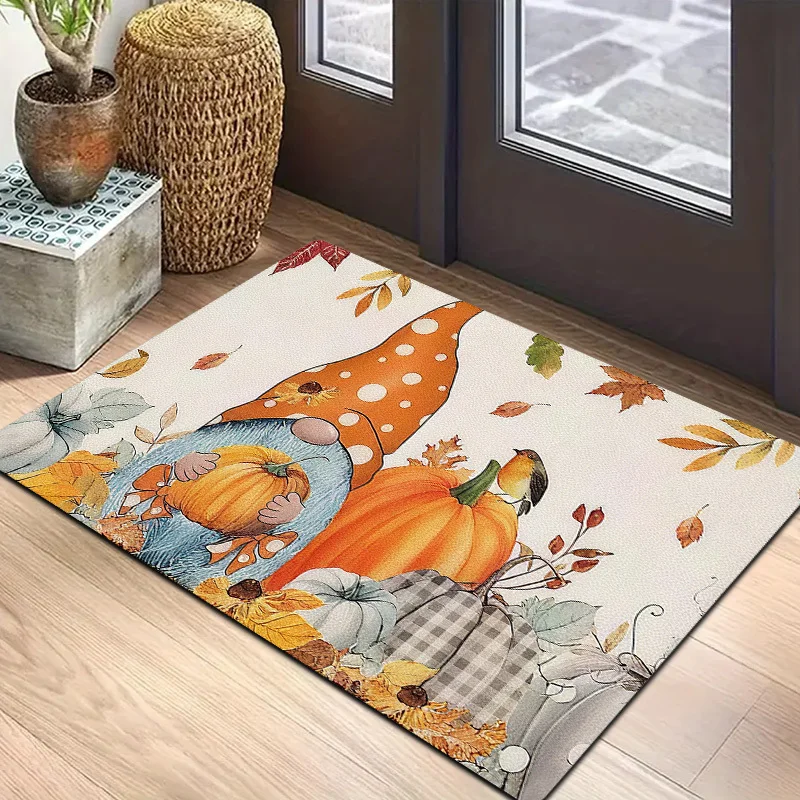 1pc Bohemian Hand-Painted Garden Gnome & Pumpkin Door - Thick Plush Flannel Suitable for Entryway, Machine Washable Autumn for Front Door, Cozy Fall Decor for