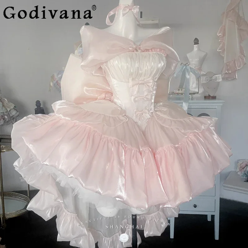 IMU Sweet Princess Pink Lolita Mini Dress Girls' Women's Slim-Fit Elegant Big Bow Long Trailing Birthday Party Dress Sets Vestid