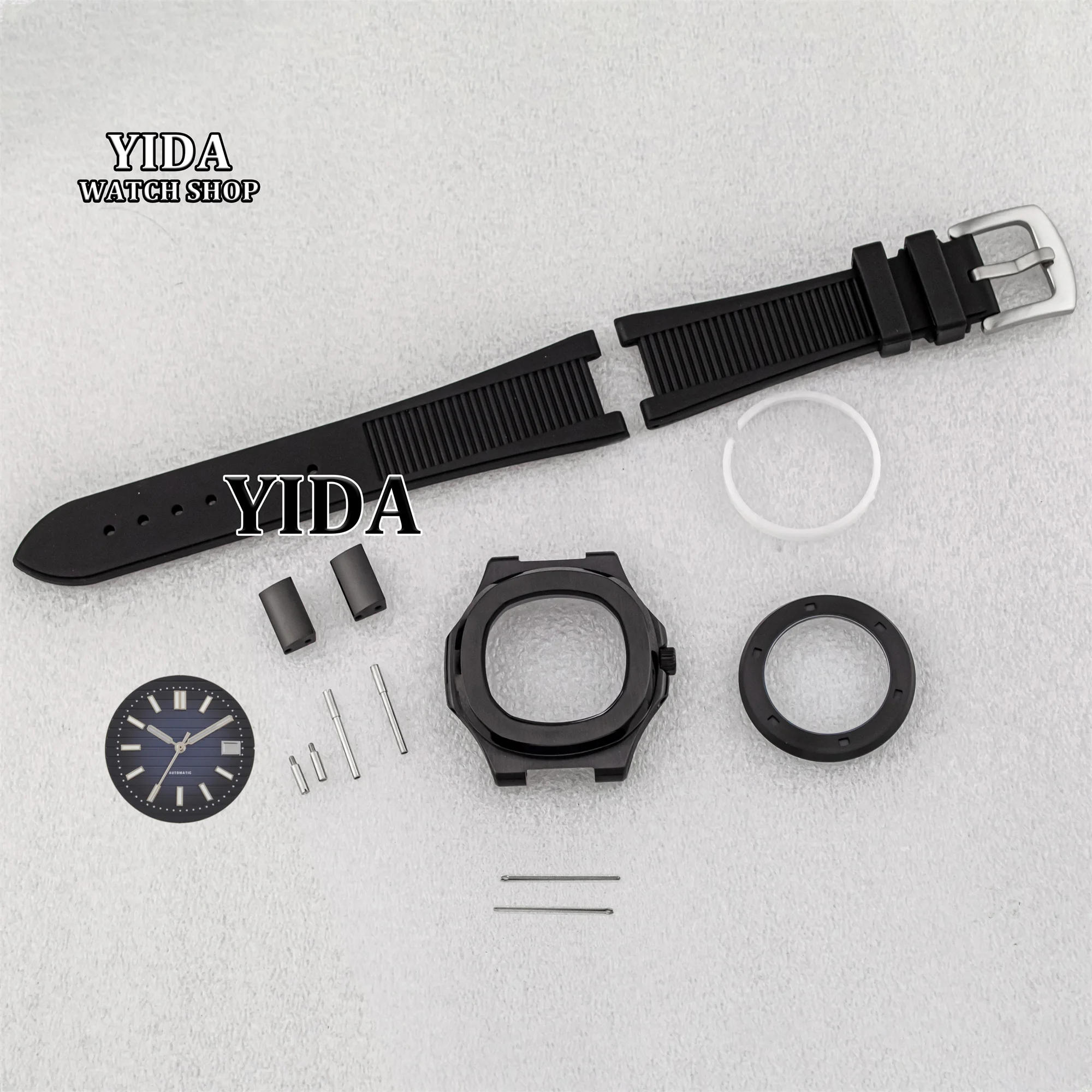 

41mm NH35 Case Rubber Strap Stainless Steel PVD Black Watch Case Luminous Dial Hands 10ATM Waterproof Fit Nautilus NH35 Movement